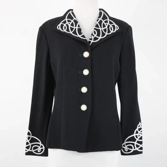 St John Evening Sz 8 Black White Paillette Rhinestones Santana Knit Jacket